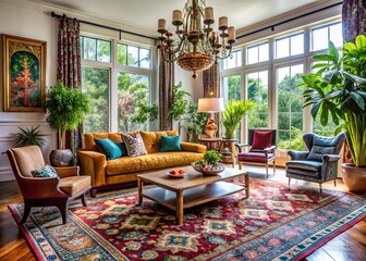 Modern eclectic living room with bold colorful rug, patterned armchair, and ornate gold chandelier, surrounded by sleek