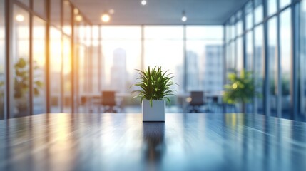 Fototapeta premium 3D rendering of a blurred office interior with glass doors and tables in a modern business center.