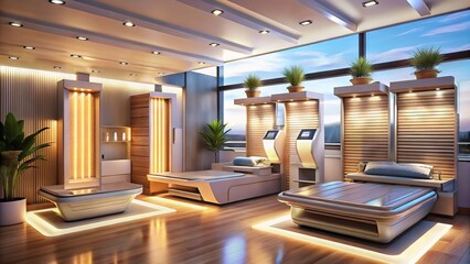 Modern equipment and sleek decorations create a welcoming atmosphere in a well-lit tanning salon with various beds and