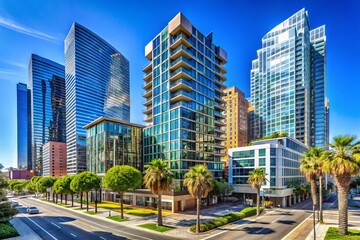 Modern high-rise building with unique abstract architecture and vibrant urban surroundings in downtown area of popular