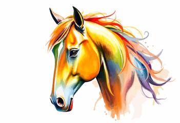 Colorful illustration portrait of a horse drawing with paints on a white background, watercolor painting. Drawing horse print for clothing or paper, concept art, wall painting, background, banner.