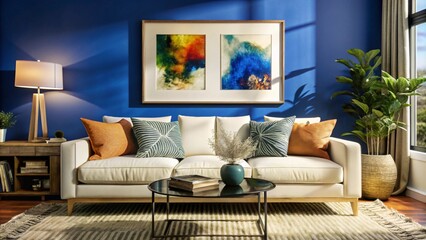 Scandinavian interior design of modern living room, home. Colorful vibrant pillows on white sofa against wall with art poster frame.
