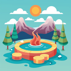 hot spring illustration of a landscape with a tree and a lake