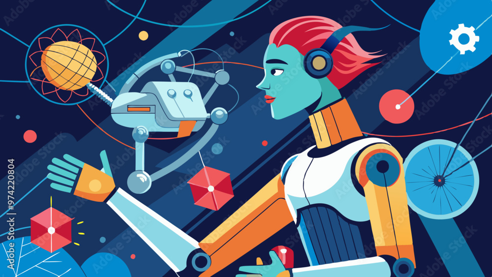 Poster a woman in a robot costume is holding a remote control and pointing to a cube