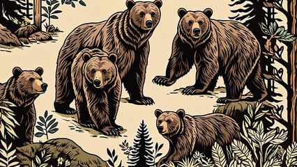 illustration of bears animals in nature. Big trees and forest. Repeated and decorative designs are used for packaging, decorating, interior design, wallpapers, banners