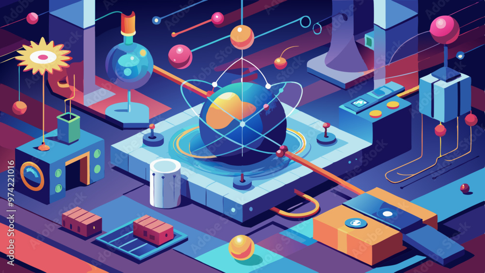 Poster a colorful drawing of a science lab with a large sphere in the middle