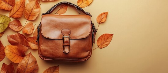 Leather Bag with Autumn Leaves. Beautiful Leather Female Fashion Bag. Copy Space For Add Text. 3D Illustration. Generate Ai Image