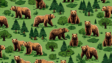 illustration of bears animals in nature. Big trees and forest. Repeated and decorative designs are used for packaging, decorating, interior design, wallpapers, banners