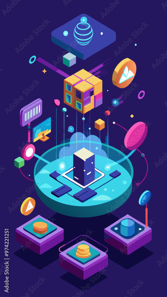 Aufkleber a colorful image of a futuristic cityscape with a large cube in the center