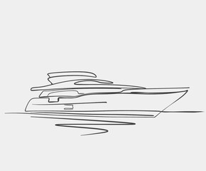 Simple one-line drawing of a luxury yacht cruising on water, illustrating a sleek and modern minimalist art style.