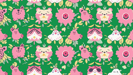 illustration of bears animals in nature. Big trees and forest. Repeated and decorative designs are used for packaging, decorating, interior design, wallpapers, banners