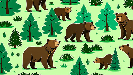 illustration of bears animals in nature. Big trees and forest. Repeated and decorative designs are used for packaging, decorating, interior design, wallpapers, banners