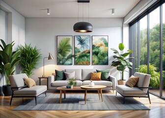 Fototapeta premium Modern minimalist living room with sleek furniture and vibrant artwork, surrounded by elegant plants and natural light,