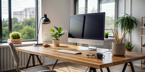 Modern minimalist workspace setup with sleek computer, tidy cables, and organized office supplies on a clean wooden