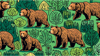 illustration of bears animals in nature. Big trees and forest. Repeated and decorative designs are used for packaging, decorating, interior design, wallpapers, banners