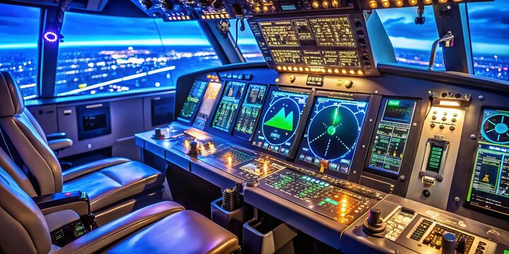 Modern navigation equipment featuring a sleek localizer device with glowing screens and buttons, surrounded by aircraft