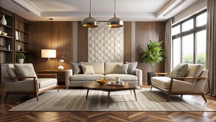 Fototapeta premium Soften modern sophistication with plush neutrals and geometric lines, bringing warmth and elegance to your mid century