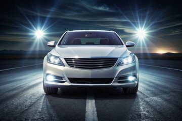 Fototapeta premium Modern sleek LED headlights illuminated on a luxurious sedan parked at night, casting a bright white glow on