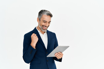 Happy middle aged business man entrepreneur, excited professional businessman winner wearing suit...