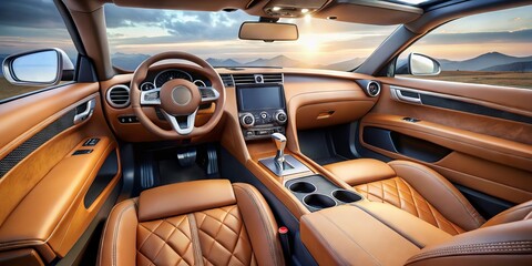 Modern sports car interior with sleek dashboard, premium leather seats, and advanced infotainment system, ideal for