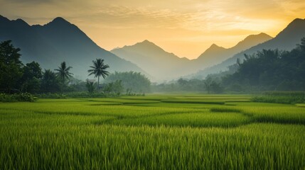 Serene Vietnamese countryside at dawn, with rice fields stretching into the horizon