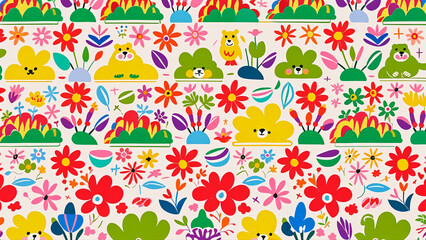 illustration of bears animals in nature. Big trees and forest. Repeated and decorative designs are used for packaging, decorating, interior design, wallpapers, banners