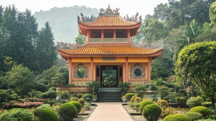 Traditional Vietnamese pagoda nestled in a lush garden, with ornate details