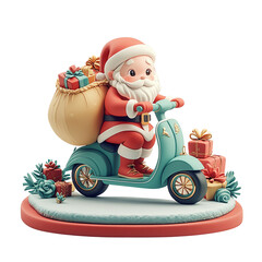 Cheerful Santa Claus rides a scooter filled with colorful gifts, embodying festive spirit and holiday joy in a whimsical design.