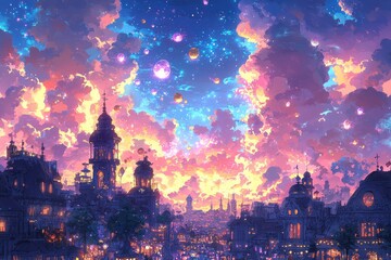 Magical fantasy skyline with colorful night sky and silhouetted castle like architecture