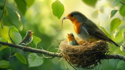 A nest of baby birds is sitting on a branch