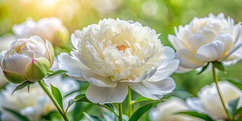 Softly, white peony blossoms unfold their delicate petals against a hazy, dreamlike backdrop, releasing a sweet