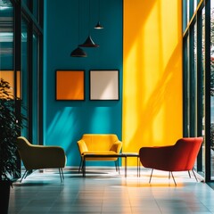 A room with a blue wall and yellow and orange accents