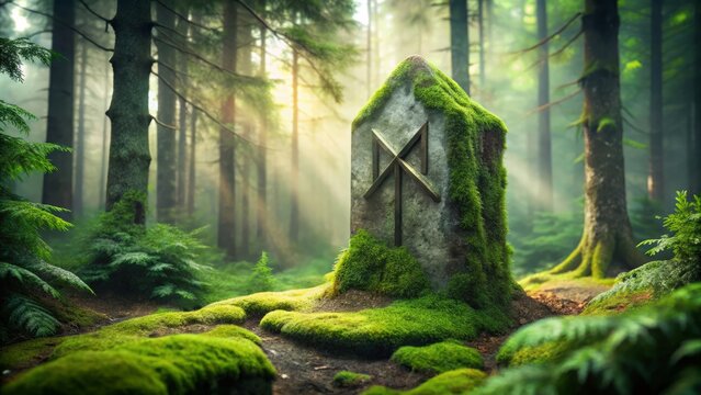 Mystical ancient rune Algiz, symbolizing protection and defense, stands upright on a moss-covered stone, surrounded by