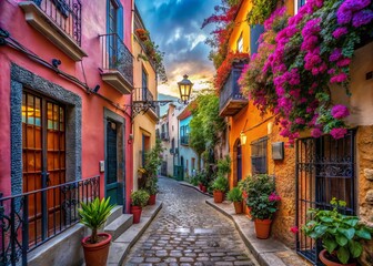 Obraz premium Narrow, flower-adorned alleyway in Guanajuato, Mexico, features colorful buildings, ornate ironwork, and a romantic