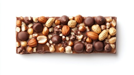 A chocolate bar with almonds, peanuts, and chocolate chips on a white background.