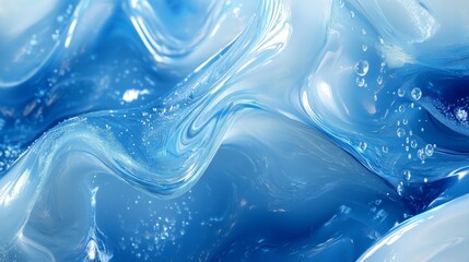 A vibrant abstract of melting snow, with fluid shapes and glistening droplets in deep blue hues.