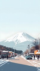 A simple illustration of Mount Fuji in winter, surrounded by small town buildings and people walking on the street below