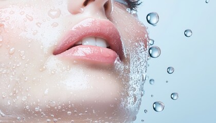Close-up of a woman's lips with water droplets, showcasing freshness and beauty in a serene, soft focus background.