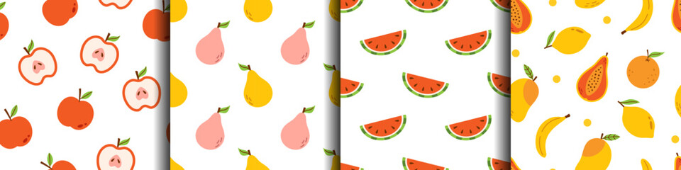 Vector set of seamless patterns fruits. Apple, pear, watermelon, mango, orange, lemon and papaya. Juice design. Fruits on white background. Summer prints with fruits. Wrapping design collection.