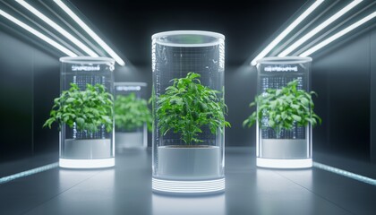Fototapeta premium Futuristic greenhouse with illuminated plant displays in a sleek, modern setting, showcasing innovation in plant growth technology.
