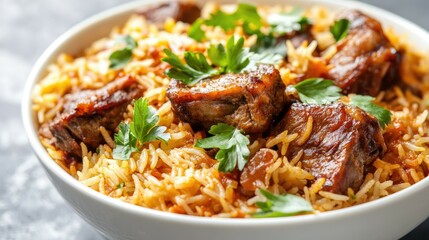 Fototapeta premium A close-up of a white bowl filled with a flavorful dish of rice, meat, and parsley.