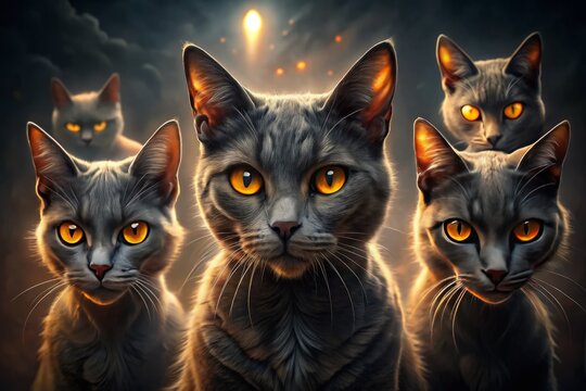 Ominous felines with glowing eyes and twisted facial expressions lurk in shadows, conveying eerie and unsettling