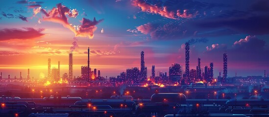 Obraz premium Industrial Cityscape at Sunset. Oil Refinery Gas Petrol Plant Industry With Crude Tank, Gasoline Supply Chemical Factory. Generate Ai Image