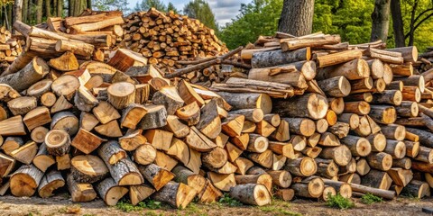 A woodpile of various sizes of firewood composed of decaying deciduous wood for the fireplace