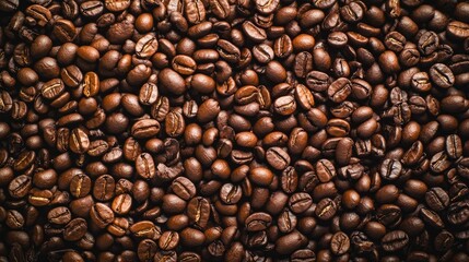 Obraz premium A close-up shot of roasted coffee beans, filling the frame with a rich brown color.