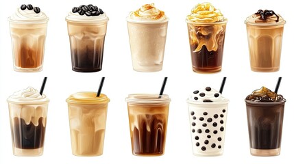 A collection of ten iced coffee drinks with various toppings, including whipped cream, caramel, chocolate, and boba pearls, in clear plastic cups with black straws, isolated on a white background.