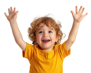 child with hands up, isolated on white background, PNG.