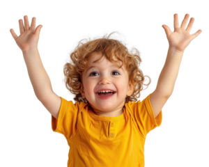 child with hands up, isolated on white background, PNG.