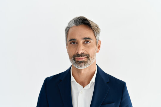 Confident middle aged business man manager entrepreneur, mature professional executive, businessman leader male investor wearing suit looking at camera isolated on white background, headshot portrait.