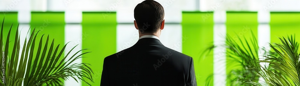 Poster Businessman in Suit Standing in Front of Green Wall.